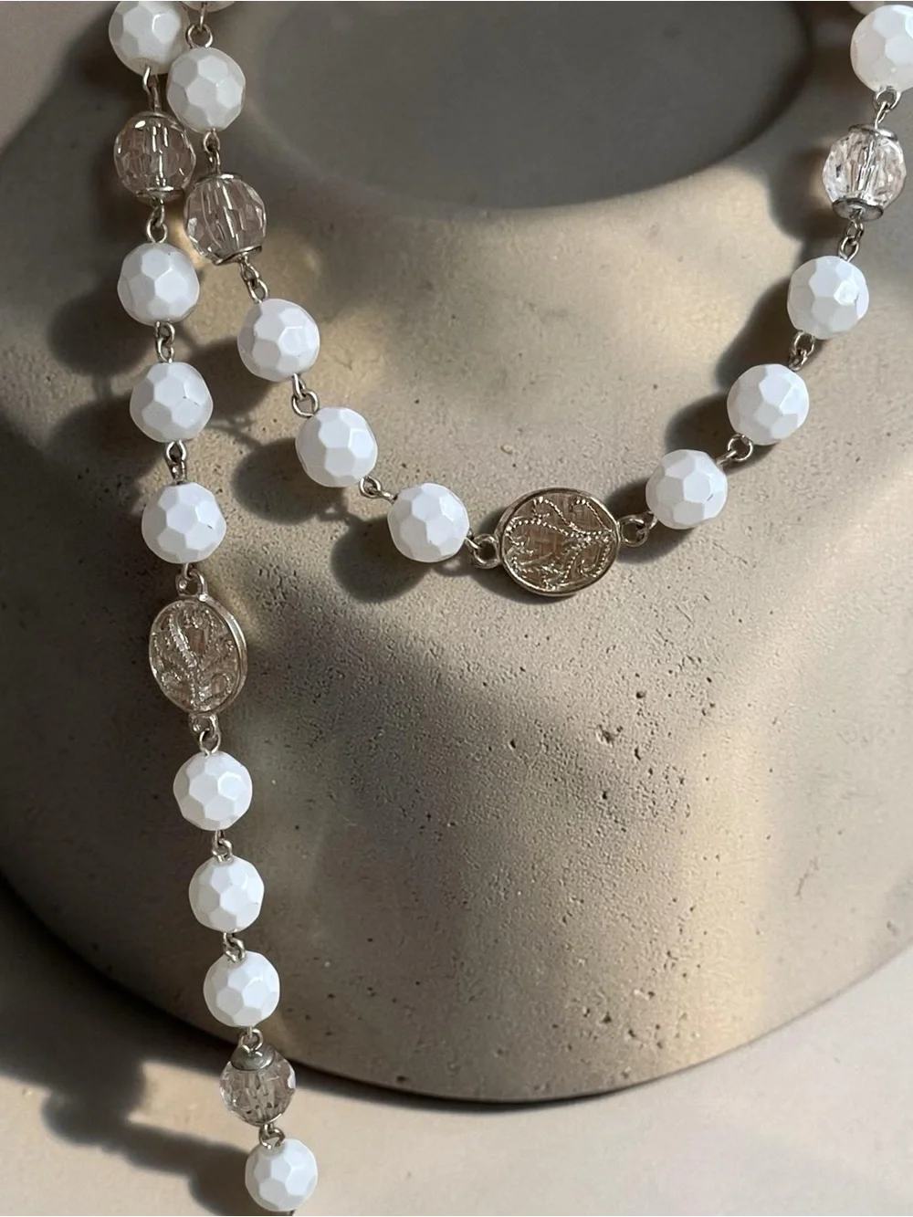 Long White Faceted Glass Crystal Medallion Silver Tone Station Necklace